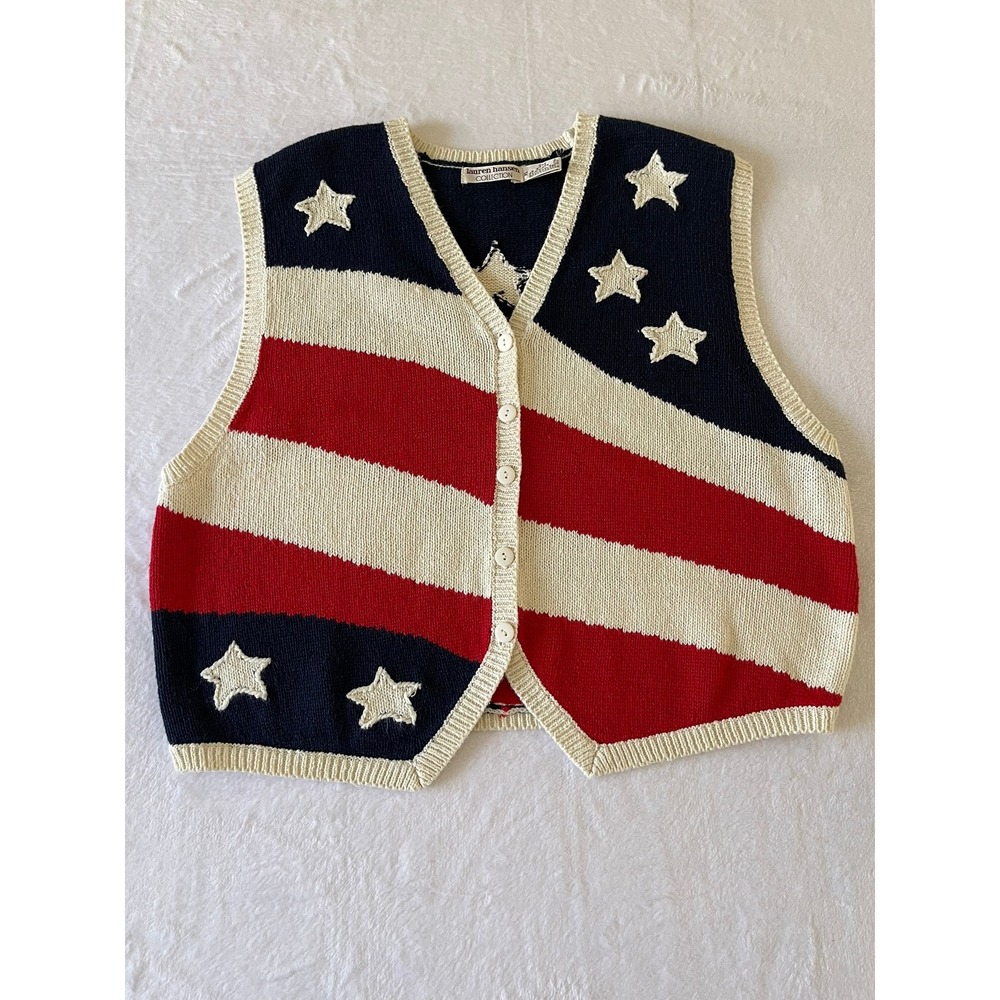 Vintage 90s Lauren Hansen American Flag Sweater Vest XL USA Stars Stripes Knit